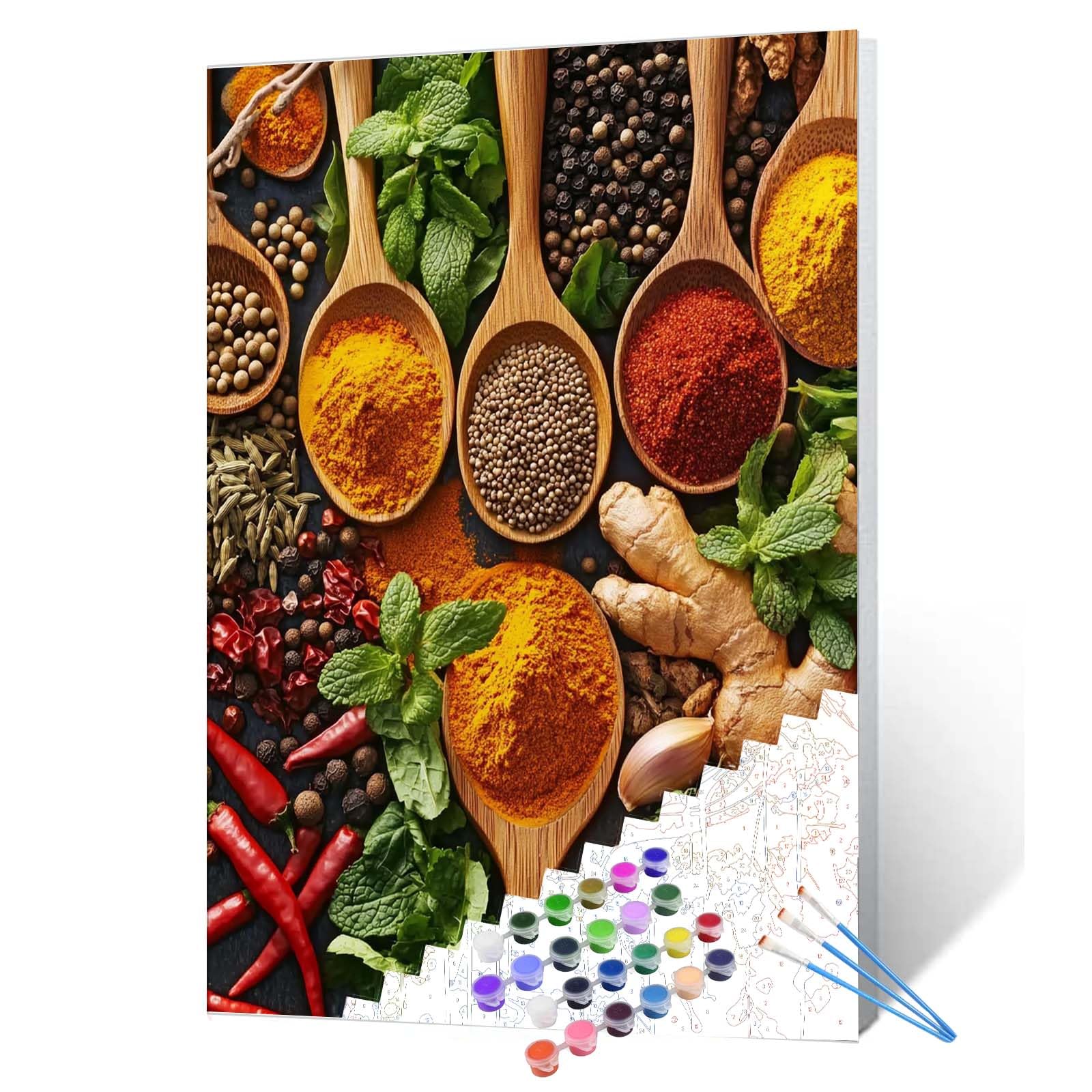 Variety of Spices and Herbs Paint by Numbers Kits 16x20 inch Canvas Cooking Condiment DIY Oil Painting for Kids, Adults Beginner Colorful Chili Pepper