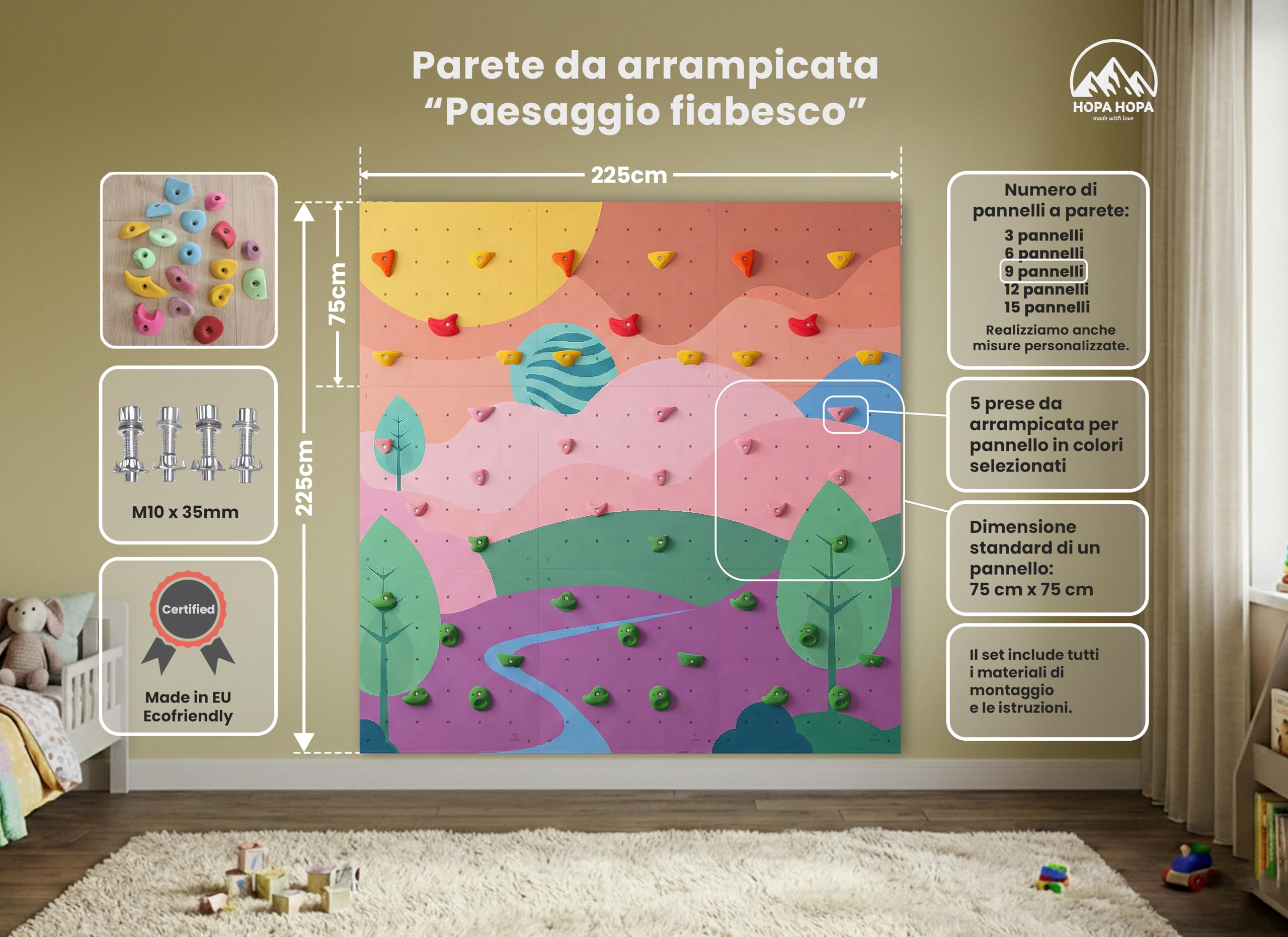 Parete da Arrampicata per Bambini - Gioco da Interno - con 45 Prese da Arrampicata, 9 Pannelli Murali in Compensato di Betulla - Dimensioni 225x225cm - Un Paesaggio da Favola
