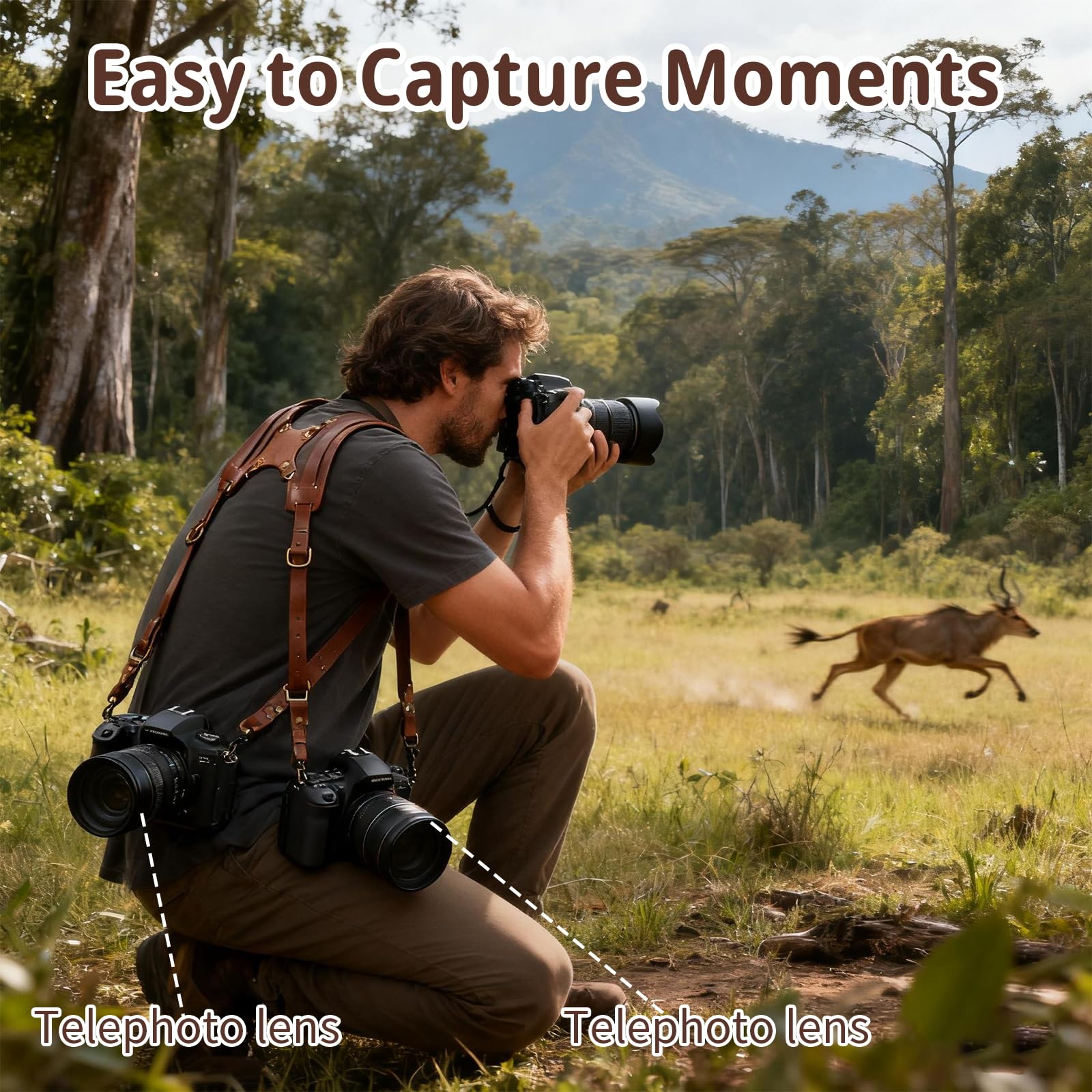 Imbracatura per fotocamera, doppia fotocamera per fotografi, tracolla in pelle per due fotocamere per DSLR/SLR