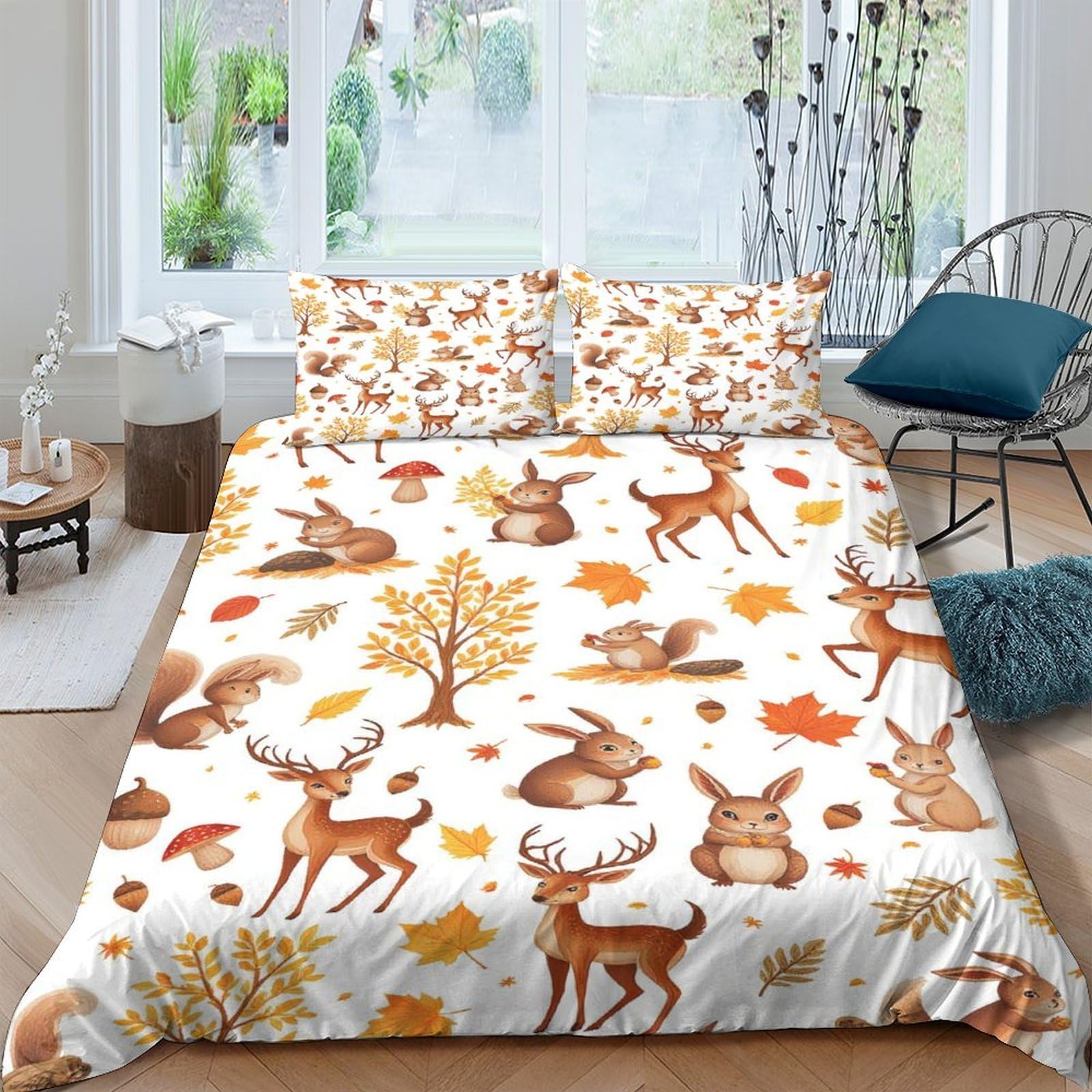 Ctjqhvkz Style-6 3D Printed Autumn Deer Fitted Sheet Microfiber Soft Leaves Woodland Bed Cover For Bedroom Guest Room Decor Single（135X200cm）