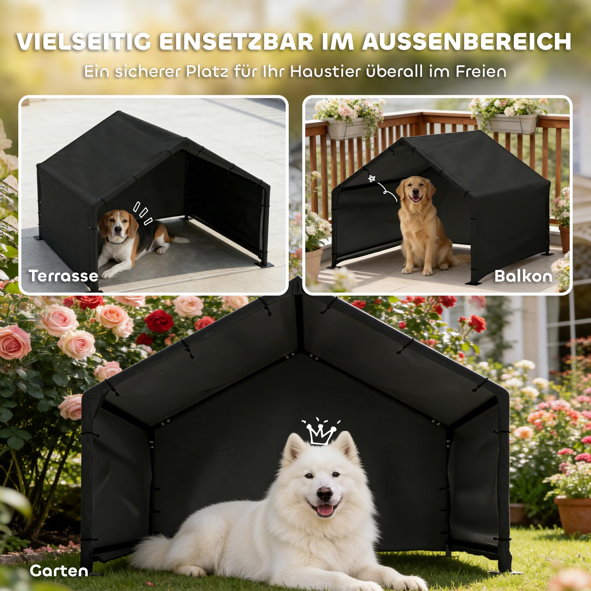 PawHut Hundehütte Hundehaus mit Wasser- und UV-beständiger Überdachung, 125 x 110 x 93 cm Outdoor Hütte für kleine mittelgroße große Hunde bis 30 kg, Indoor, Outdoor Schwarz