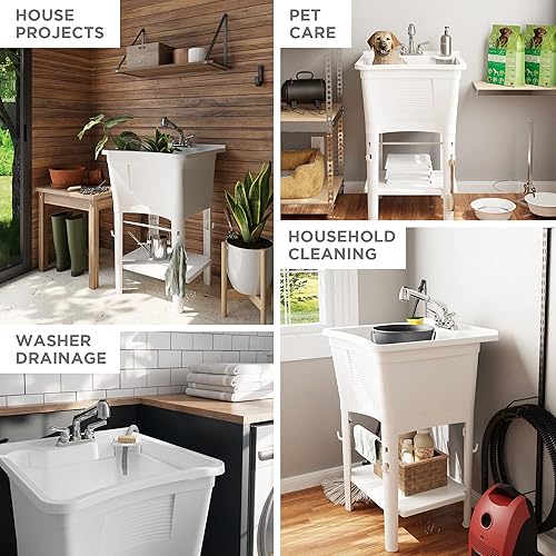 Zenna Home Juego de fregadero y gabinete de pared incluye bañera de lavandería con grifo extraíble para sótano, garaje o lavadero, además de