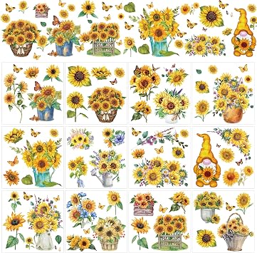Wxiben 12 Pcs Sunflower Gnome Rub on Transfers for Crafts and Furniture | Floral Butterfly Rub on Transfer Decal Stickers, 66 Inch, Simple To Apply, for Wood DIY Craft Scrapbooking Home Decor