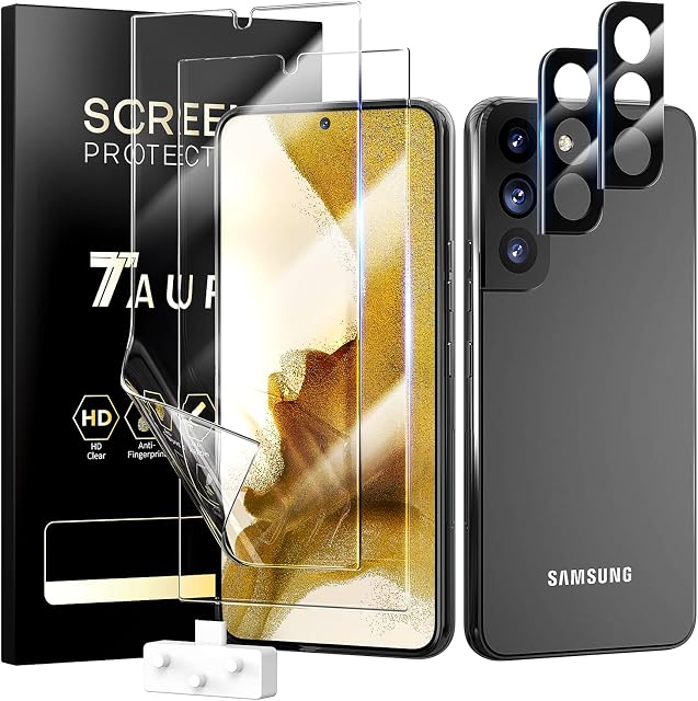 TAURI 2+2 Pack Designed for Samsung Galaxy S22 5G, [Fully Ultrasonic Fingerprint Compatible] 2 Pack Flexible TPU Screen Protector+2 Pack Camera Lens Protector, Easy Install [HD Clear] Bubble Free