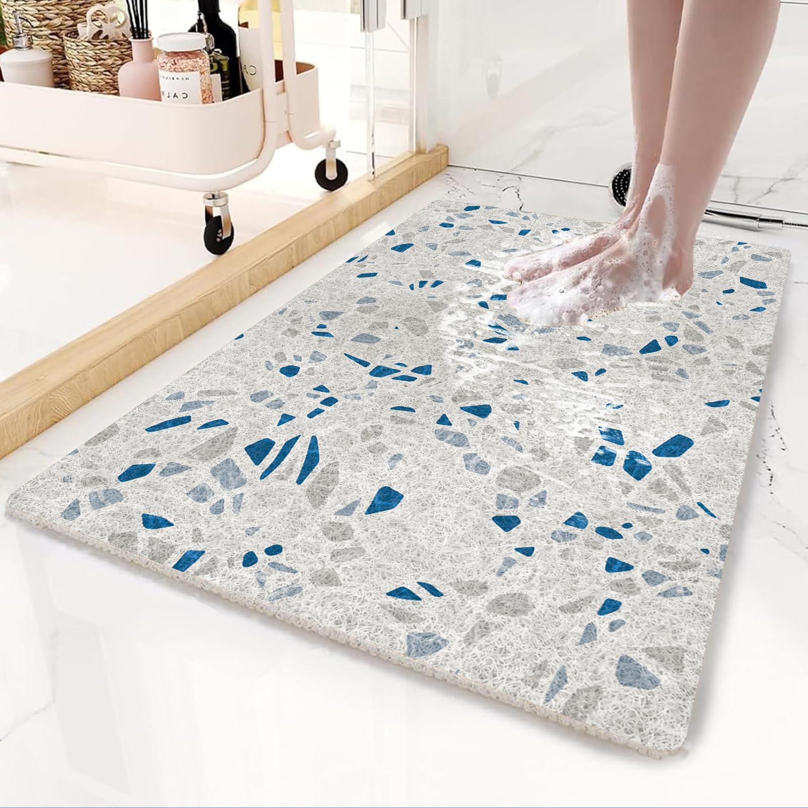 Alfombrilla de baño antideslizante de 50 x 100 cm, de PVC suave, lavable y de secado rápido para superficies húmedas, color azul y gris