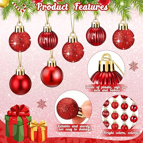 Miniatura 3 de Sumind 48 adornos de bolas de Navidad, decoración de árbol de Navidad, adornos en miniatura para árboles pequeños (rojo, varios estilos)