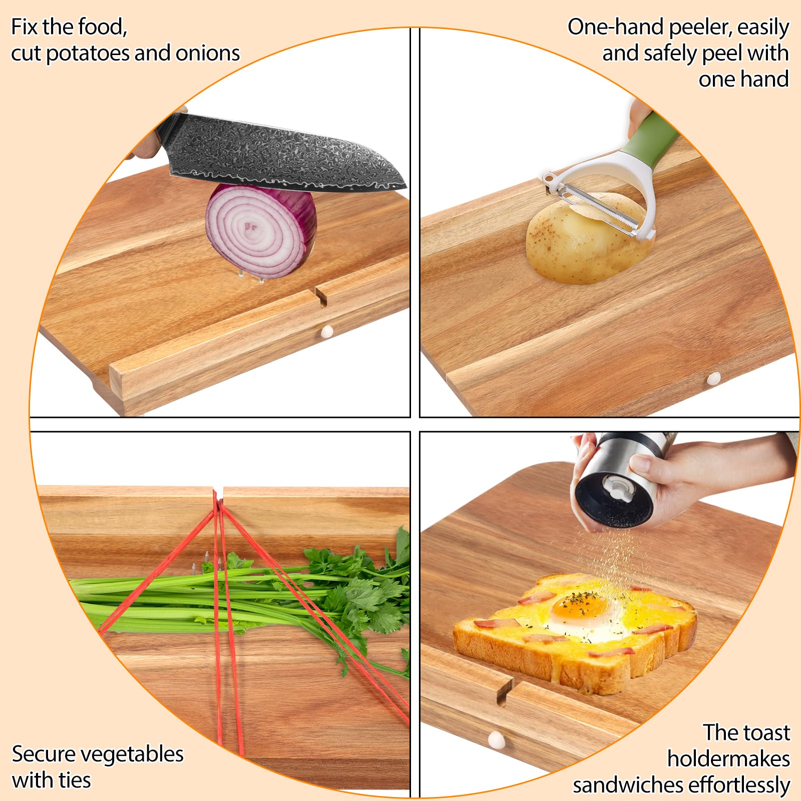 Tabla de cortar adaptativa de madera con pinchos, superficie lisa, tabla de cocina para discapacitados con fondo antideslizante para verduras, frutas y carnes