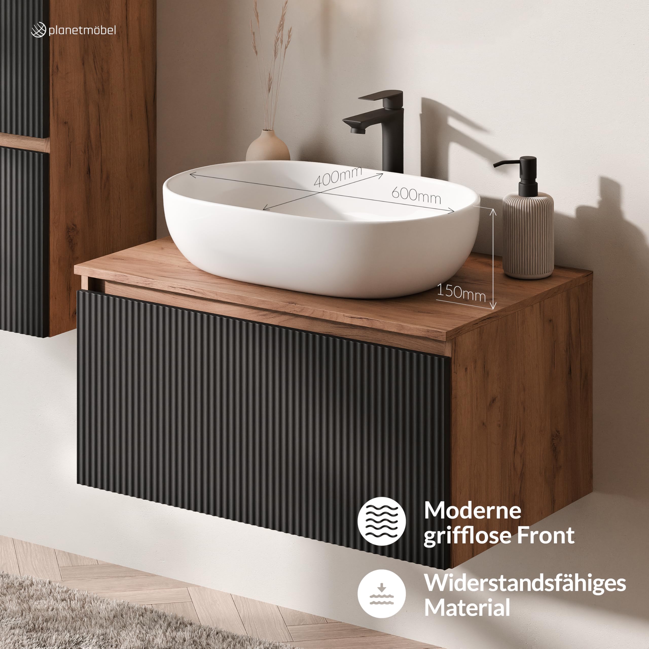 Planetmöbel Arisa Juego de muebles de baño con lavabo de 80 cm en roble dorado negro (estriado), lavabo de 60 cm en blanco, con sifón de ahorro de espacio