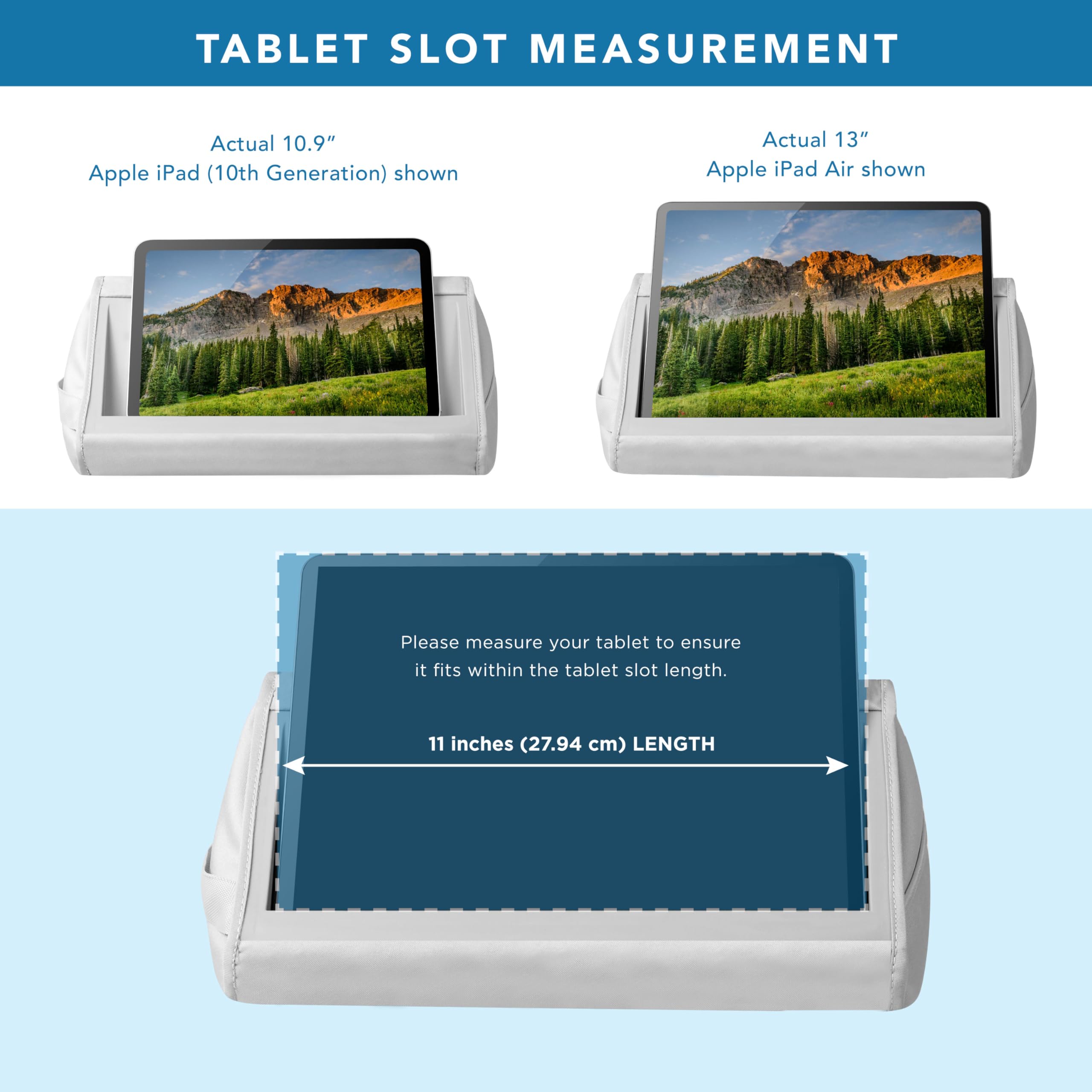 LapGear Supporto per tablet – Slot per iPad, Galaxy Tabs, Kindle, e-reader e telefoni | Supporto imbottito con tasca portaoggetti e maniglia | Grigio - Stile n. 33105