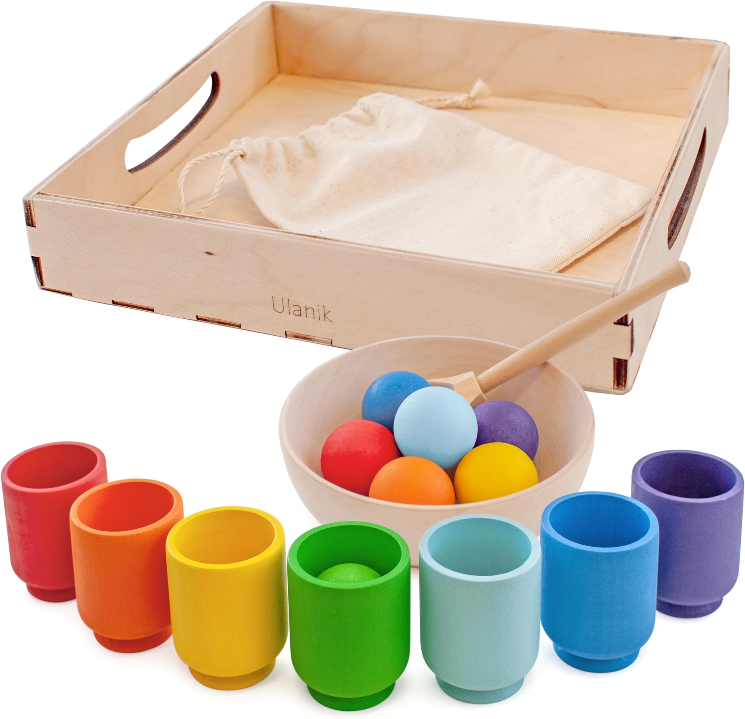 Rainbow Balls in Cups Montessori Toy Wooden Sorter Game 7 Balls 30 mm Age 1+ Colour Sorting and Counting Preschool Learning Education