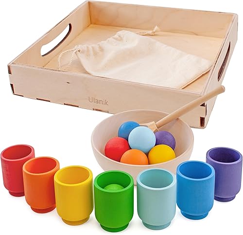 Miniatura 1 de Ulanik Bolas de arco iris en tazas Montessori Juguetes para niños de 1 año en adelante, juego de madera a juego para aprender clasificación de