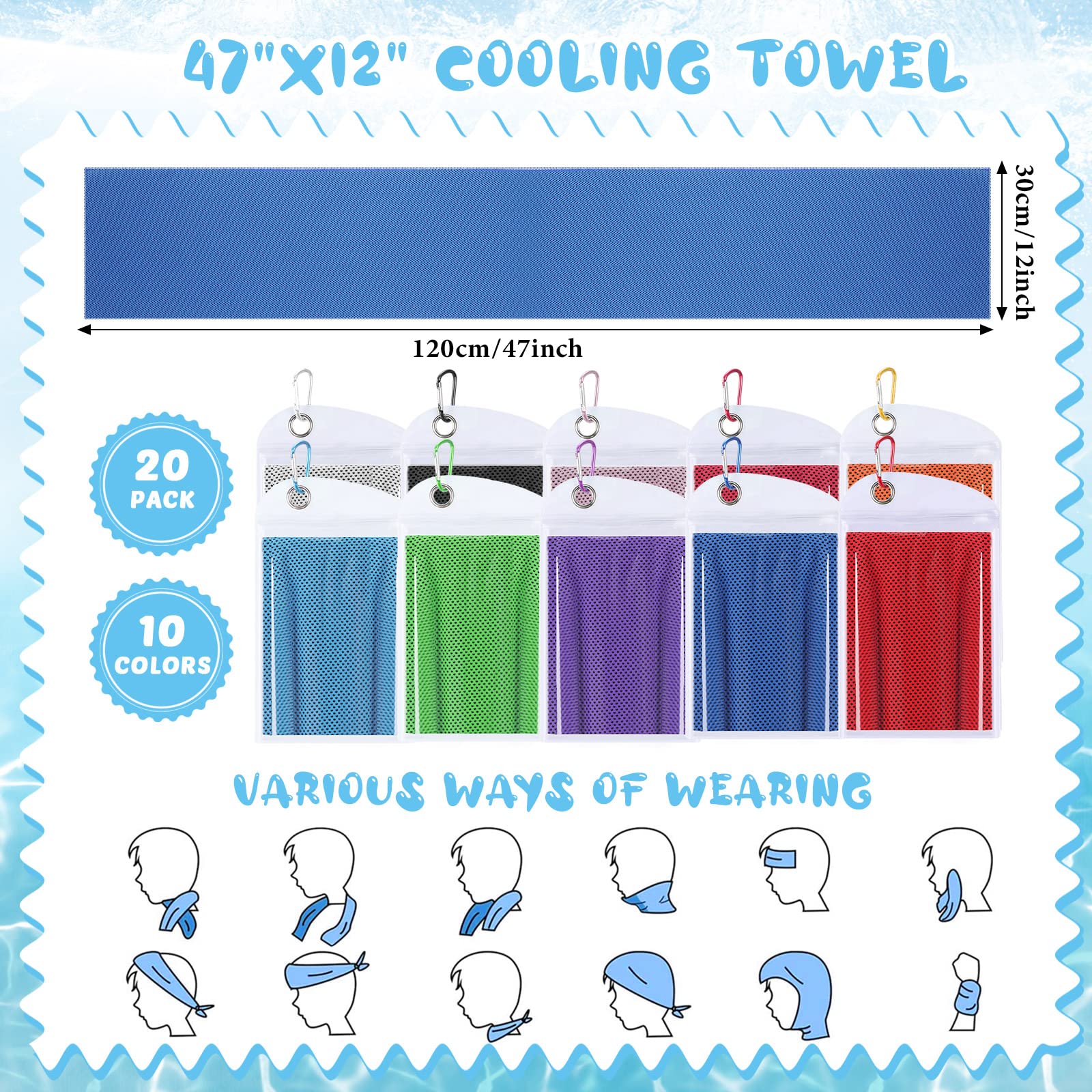20 Pcs Cooling 47 x 12'' Soft Ice Towel Neck Face Microfiber Gym Cold Workout Towels for Sweat Breathable Chilly for Men Women Sport Yoga Golf Running Fitness Activities Hot Weather