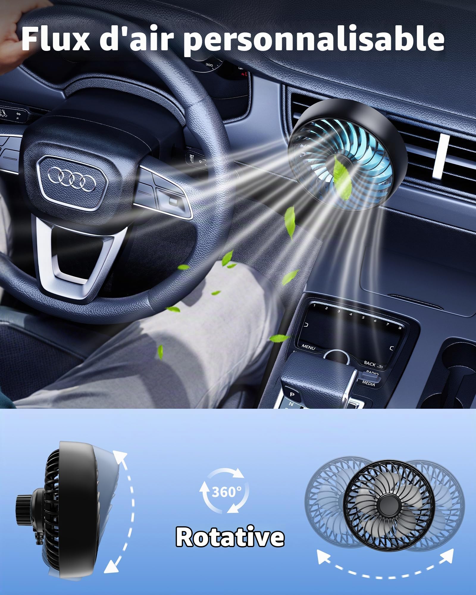 Ventilateur AC USB pour voiture, SUV, fourgonnette, pick-up, camping-car, véhicules, ventilation de voiture, ventilateur de ventilation pour augmenter la circulation de l'air de
