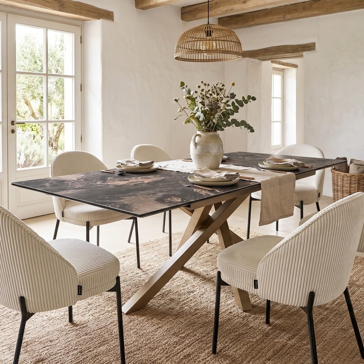 HOMIFAB Table à Manger rectangulaire Extensible 8/10 pers. en céramique Effet Marbre Brun et piètement Bronze 180/260x98 cm - Molina