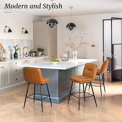 Miniatura 10 de Cozyman Juego de 2 taburetes de bar tapizados de doble capa para isla de cocina, pub, taburetes de bar de piel sintética con respaldo, sillas de bar