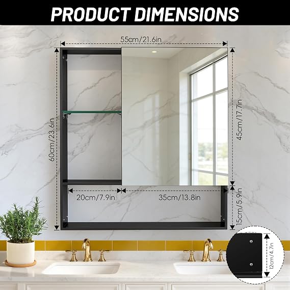 ANYHI Black Bathroom Medicine Cabinet with Mirror 22 x 24 Inch