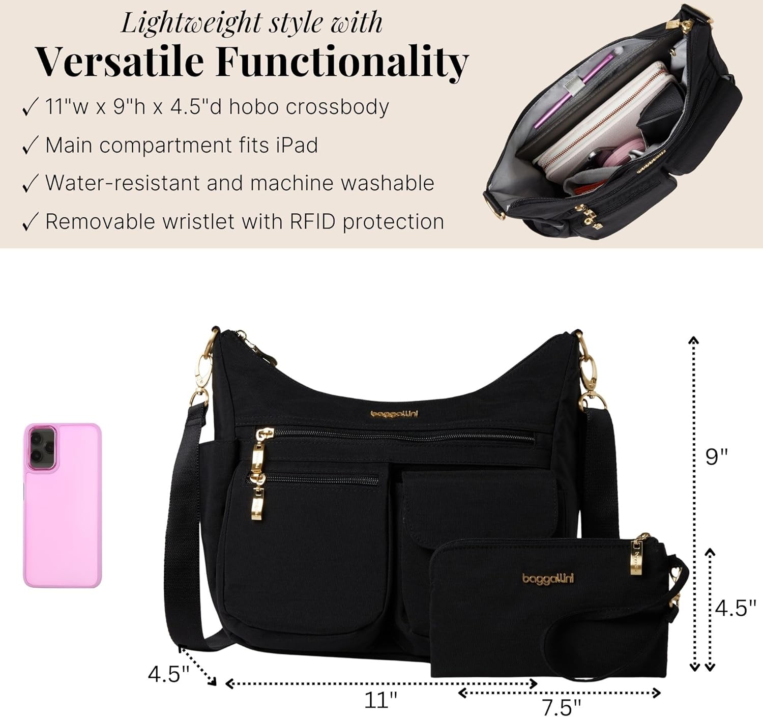 Baggallini Modern Everywhere Crossbody Bag for Women 11x9x4.5 Rfid Hobo Bag - Image 4