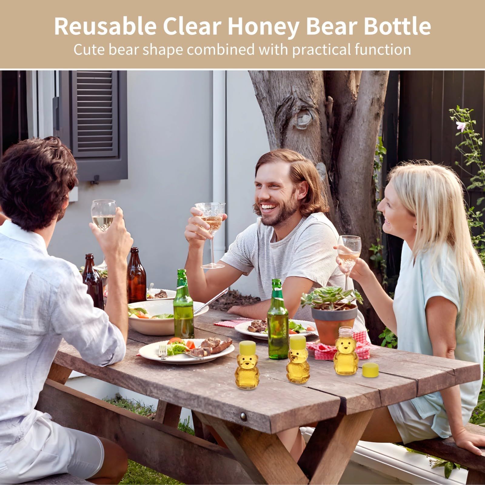 50 Stück klare Honiggläser in Bärenform, 57 ml, Kunststoffbehälter mit luftdichten Schraubverschlüssen, transparente Mini-Honigflaschen für Partys, Geschenke und Gastgeschenke