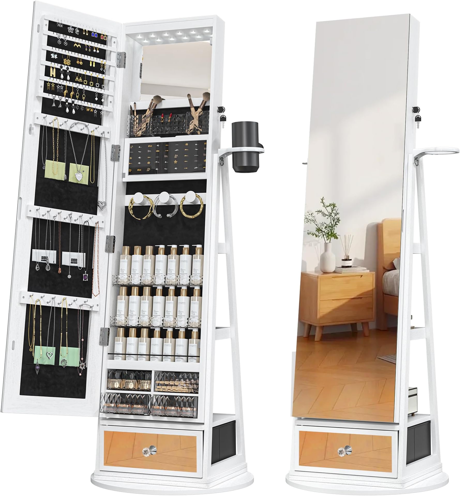 Amazon.com: Furmax 360° Swivel Mirror Jewelry Cabinet with Lights ...