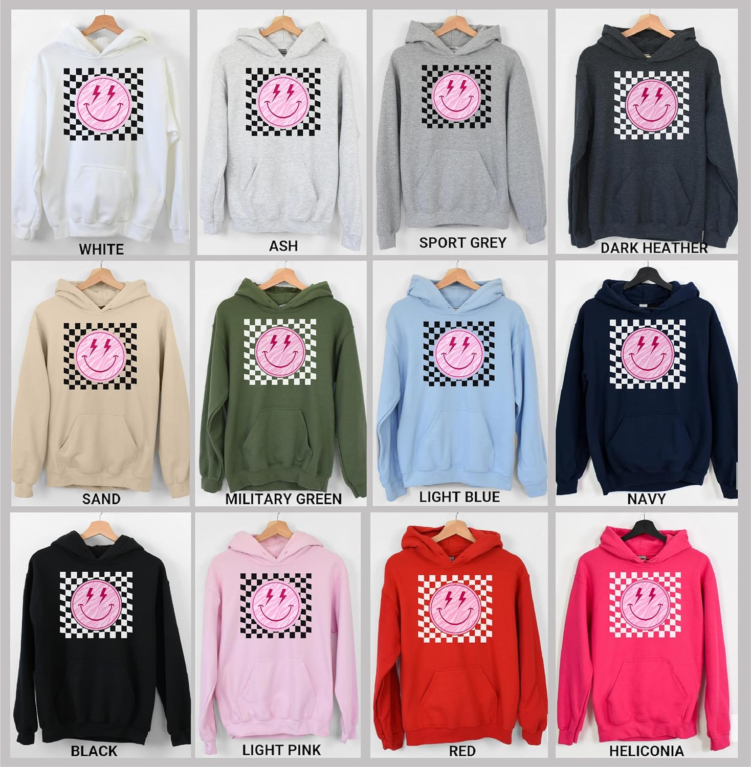 TEEAMORE Smile Face Sweatshirt Checkered Lightning Bolt Vintage Positive Women Crewneck - Image 2