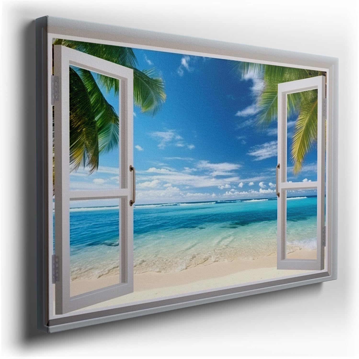 Canvas for Living room. A Gateway to Serenity - Discover Tranquility Through an Open Window to Paradise, 27 x 18 inch Canvas Wall Art - Ready to Hang