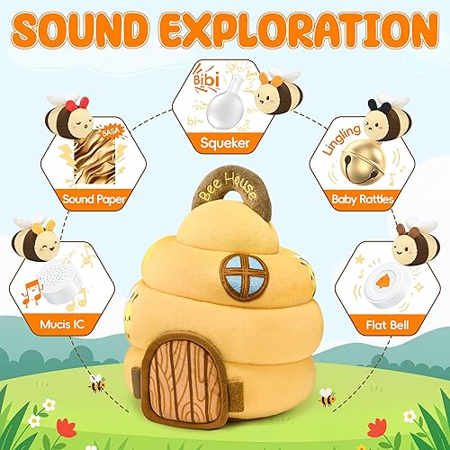 Miniatura 2 de Juguetes para bebés de 6 a 12 meses Juguete infantil de colmena con 5 abejas sensoriales de peluche, arrugado, sonajero, espejo y música, juguetes