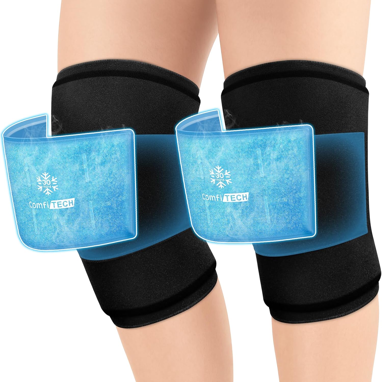 ComfiTECH Dual-Gel Pack Knee Ice Sleeve with Extended 30-Minute Cooling, Detachable Ice Pack & Flexible Reusable Gel Ice Wrap for Soothing Discomfort & Fatigue in Knee, Thigh and Calf, XL, 2 Packs