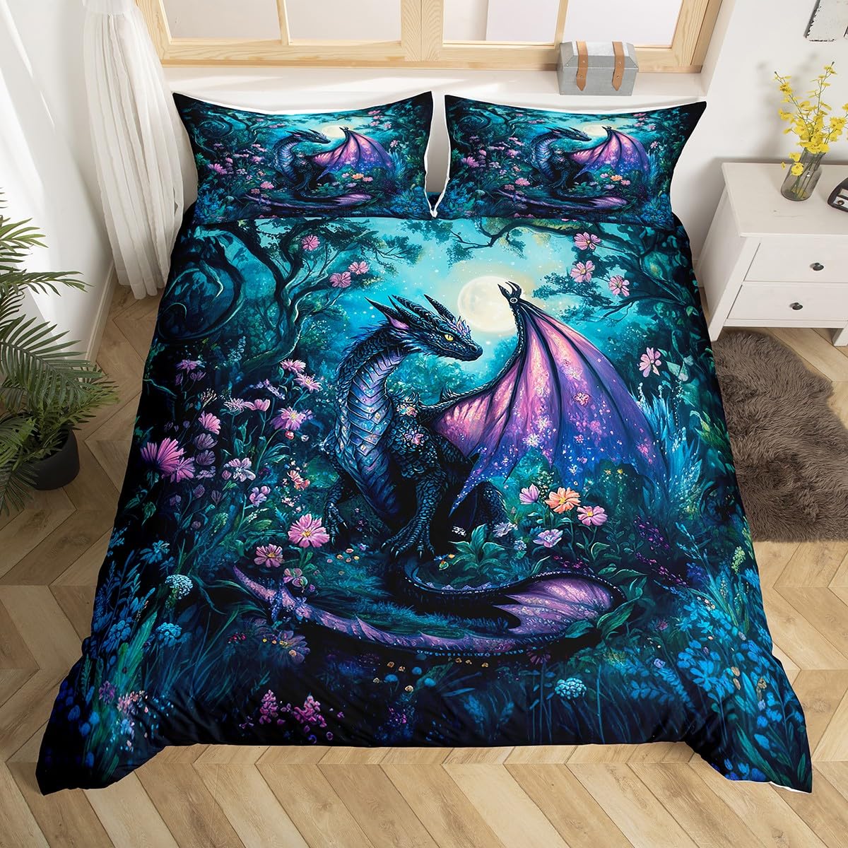 richhome Dragon Bedding Set King Size Dragon Stuff Comforter Cover Set Wild Life Duvet Cover Jungle Bedspread Cover Room Decor Balck Blue Quilt Cover