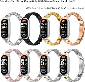 Watch Strap Compatible with Xiaomi Smart Band 10/9/8, Slim Metal Stainless Steel Sport Replacement Band Strap Bracelet for Xiaomi Mi Band 10/9/8