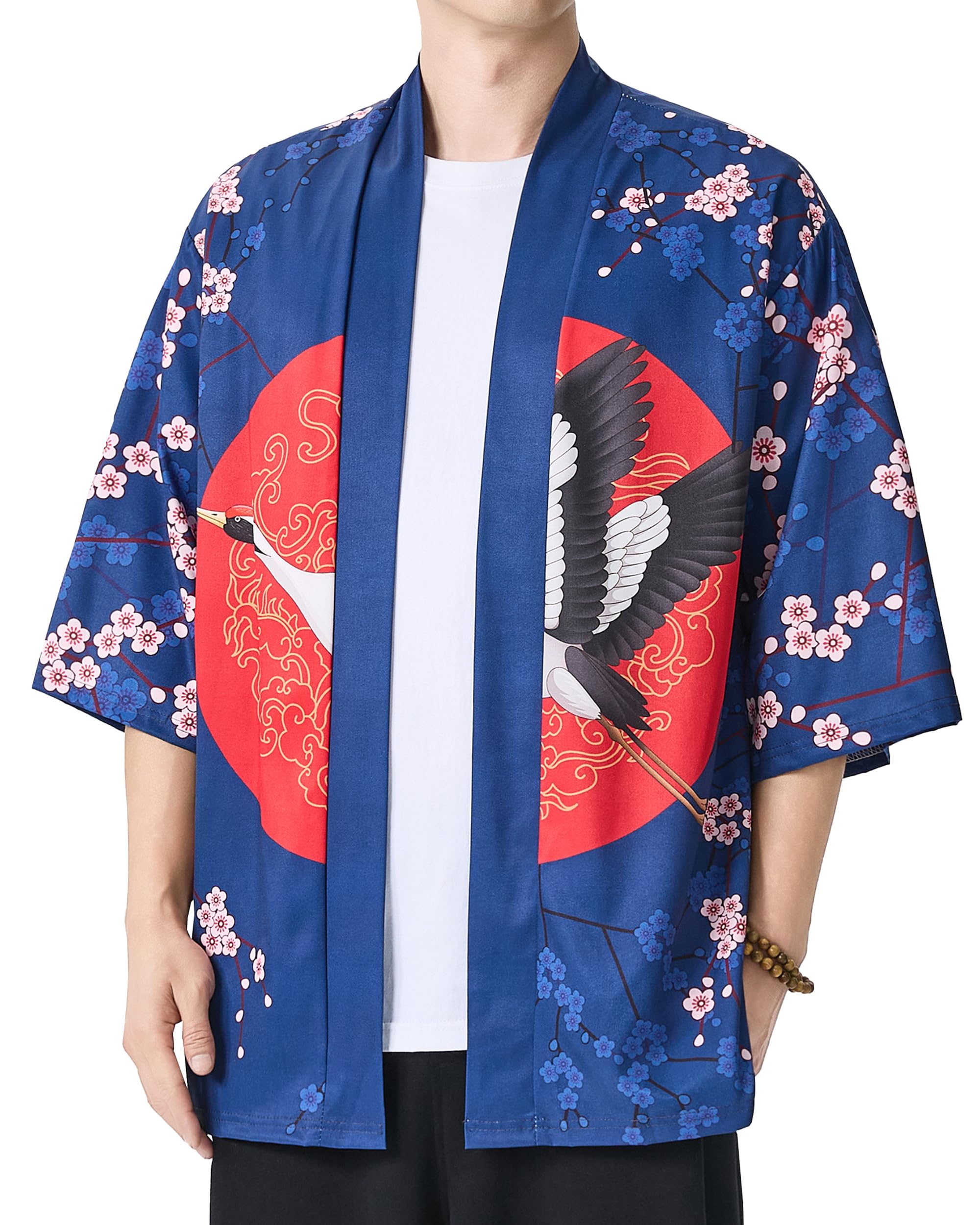 PRIJOUHE Men's Japanese Kimono Cardigan Jackets Casual Long Sleeve Open Front Coat Lightweight Yukata Outwear