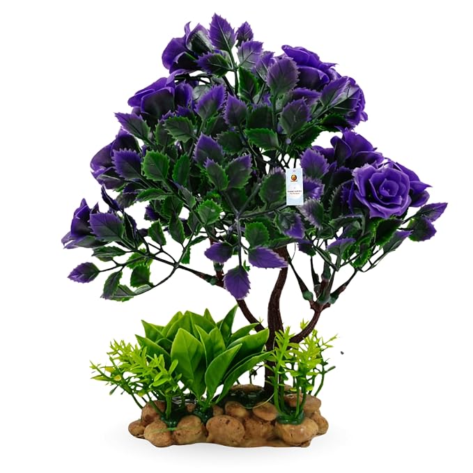 Foodie Puppies 7inch Aquarium Artificial Plastic Plant - (Bright Purple Rose) Resin Base Decor for Aquarium, Fish Tank, Suitable for Freshwater & Saltwater