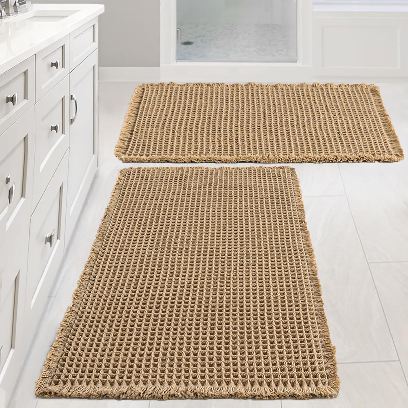 2Pcs Waffle Bath Mat Non Slip Beige-Brown Bathmat Anti Slip Bathroom Mat Quick Dry Bath Mat Set Anti Mould Absorbent Machine Washable Bathroom Floor Mats Shower Mat Accessories (2xBrwon-45x75cm)