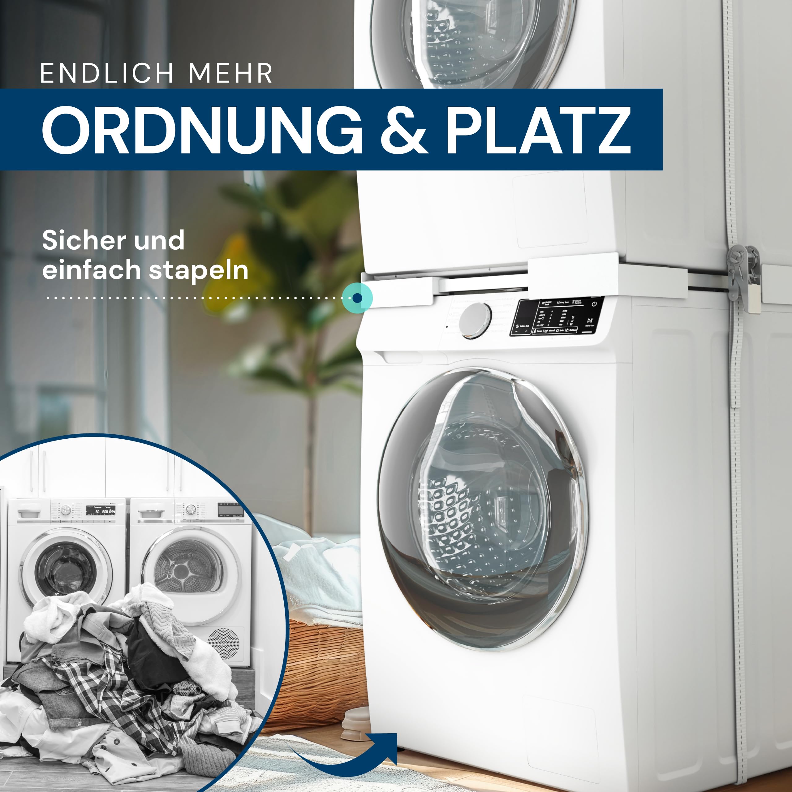 CLP Universal Verbindungsrahmen für Waschmaschinen & Trockner, stapelbar höhenverstellbar, mit Ablagefach & Spanngurt, Stabiler Baurahmen, Farbe:weiß