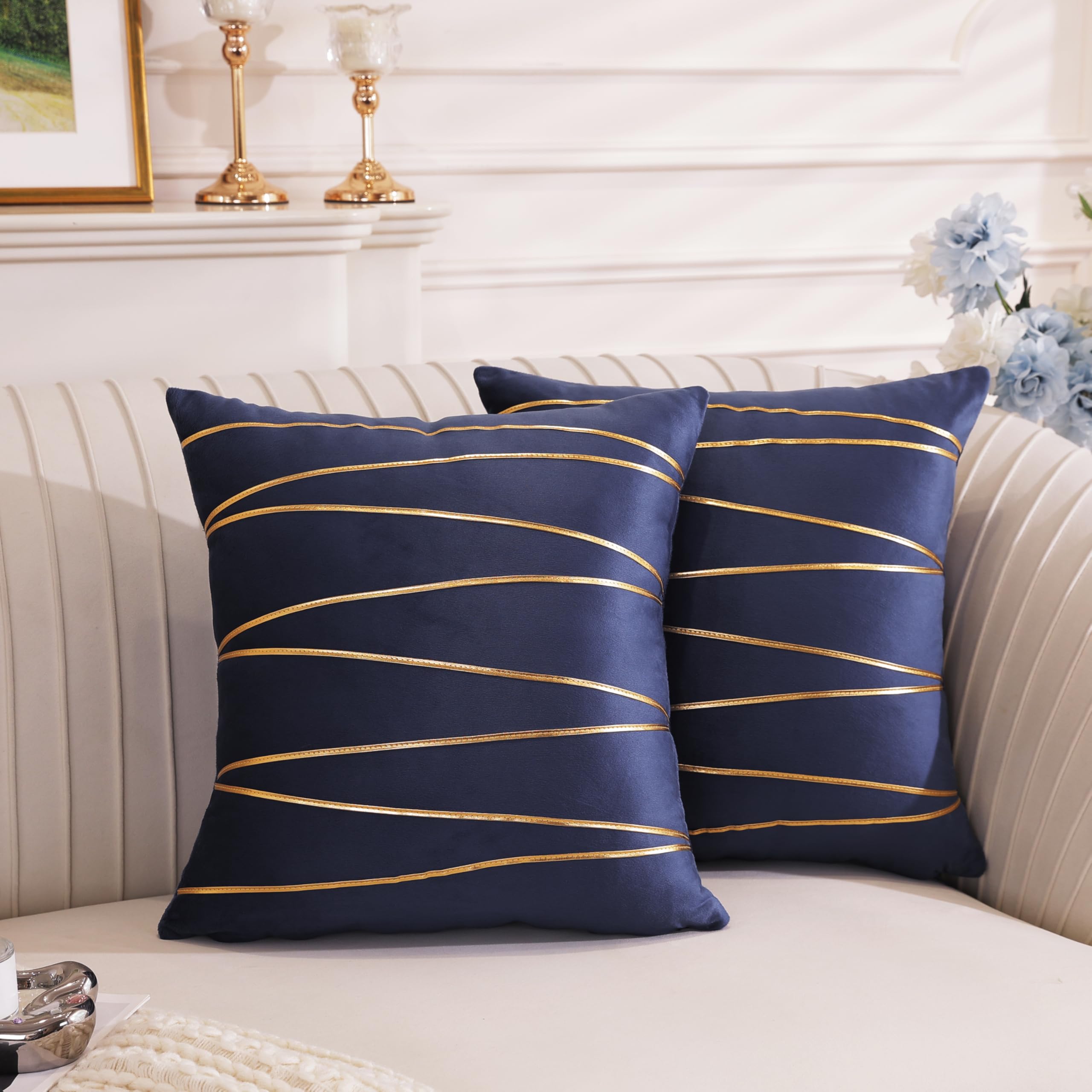 TAOSON Pack of 2 Navy Blue Velvet Throw Pillow Covers 18x18 Inch - Soft Patchwork Cushion Cases with Gold Accents, Luxury Modern Decorative Pillows for Sofa Bedroom Living Room