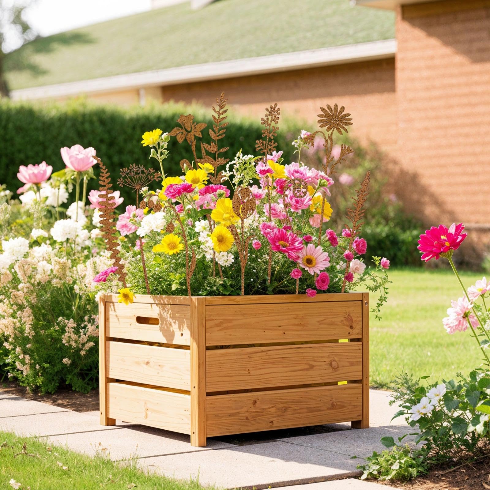 Lot de 10 piquets de jardin en métal rouillé - Décoration de jardin - Pour pelouse, cour, balcon - Pot de fleurs