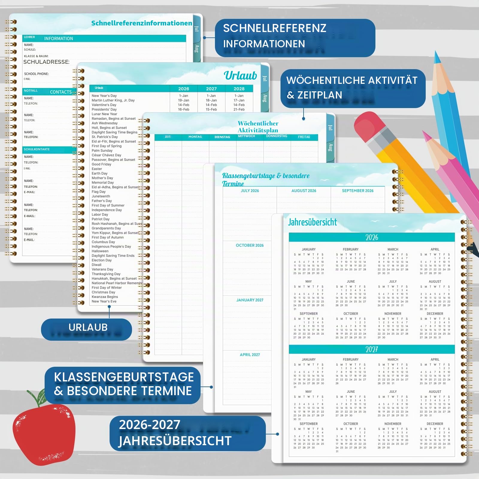 Lehrerplaner 2026–2027, Unterrichtsplaner 2026–2027, 21,6 x 27,9 cm | Juli 2026 - Juni 2027, Akademischer Planer für das Schuljahr, Innentasche, bunte Reiter, Spiralbindung