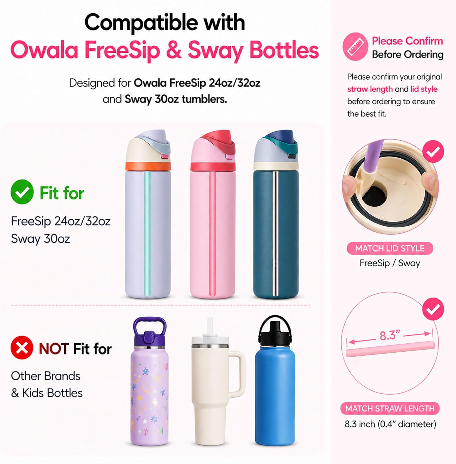 8pcs Replacement Straws for Owala FreeSip 24 oz 32 oz Water Bottle