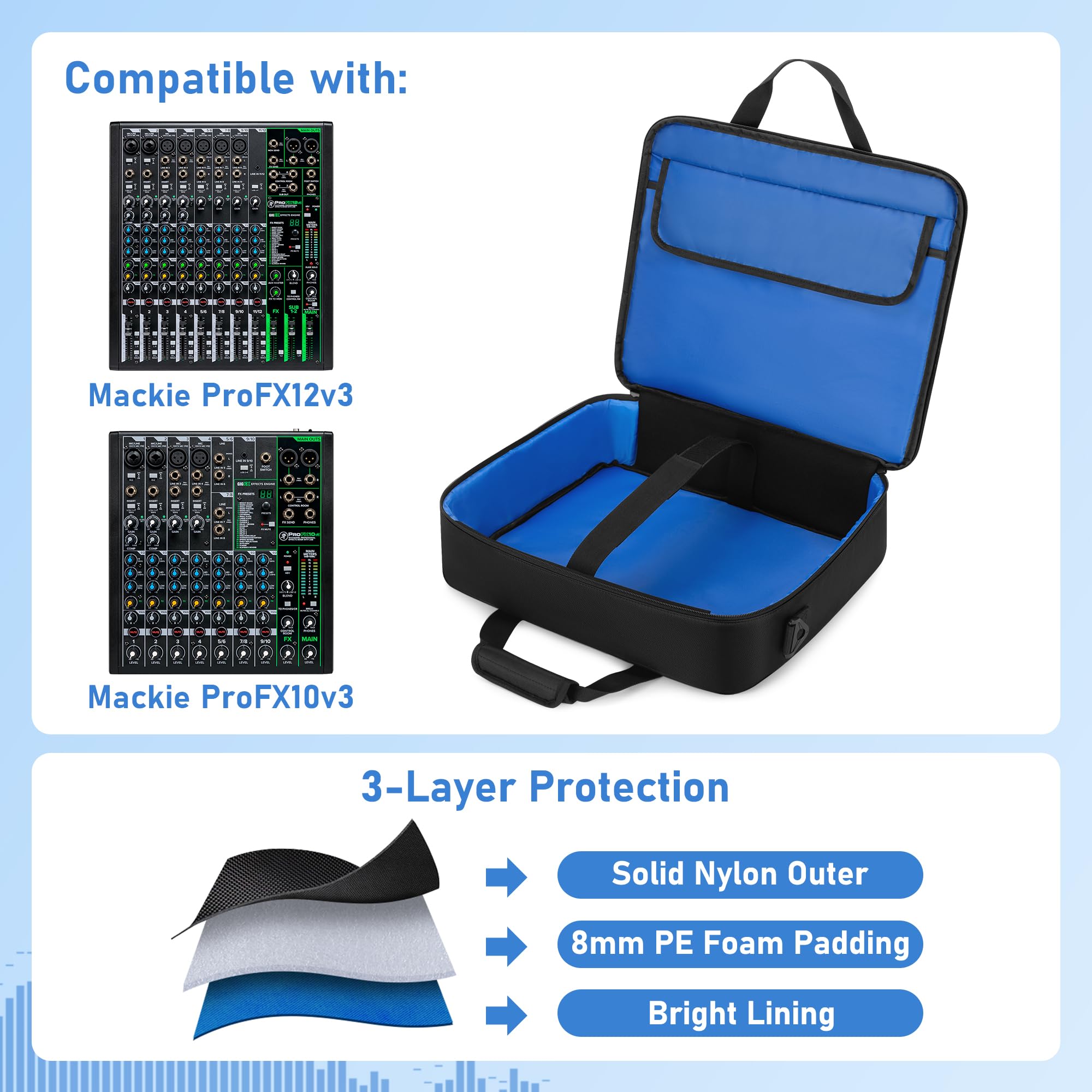PGmoon Bolsa de Viaje para Mezclador Compatible con Mackie ProFX12v3/ProFX10v3. Estuche de Transporte para Mezclador de Audio con Múltiples Bolsillos para Micrófonos, Cables (Diseño Patentado)