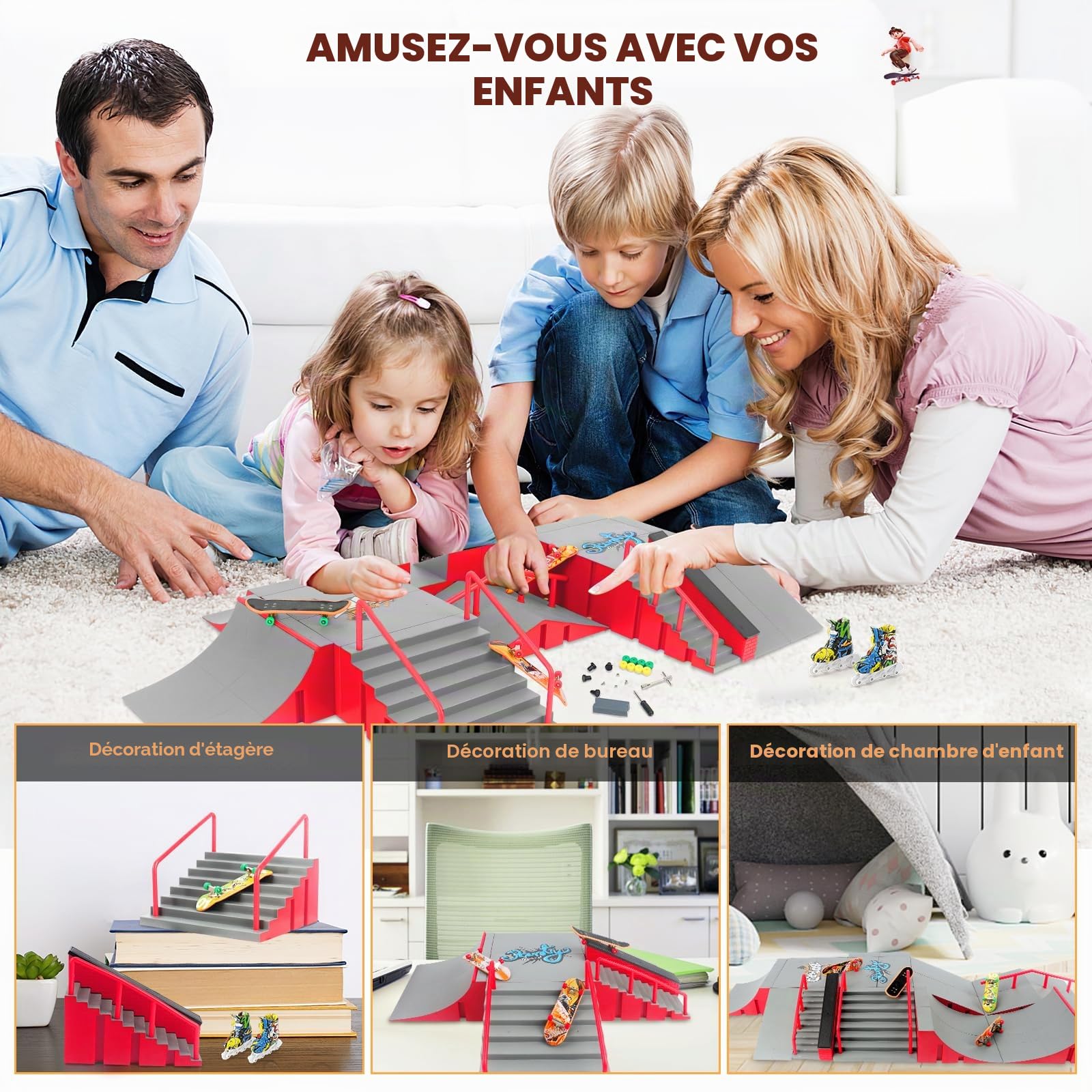 Tlater Kit de parc de skateboard pour doigts, ensemble de rampes de skateboard pour doigts 14 en 1 plus grand, ensemble de montage DIY Fingerboard Skatepark pour enfants, cadeau d'anniversaire