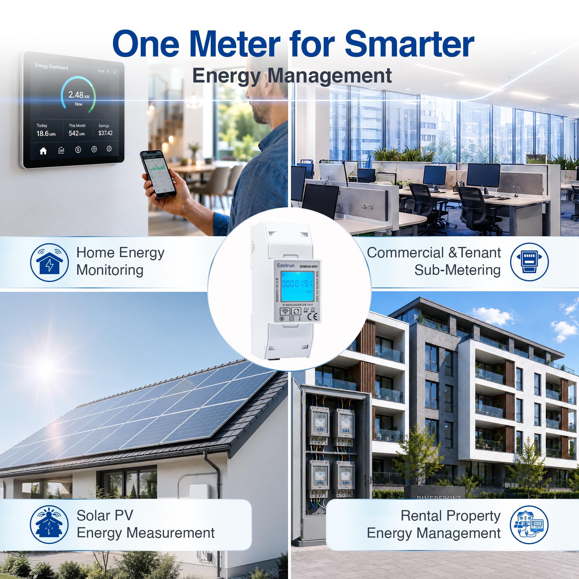 Eastron SDM230-WIFI-MID licznik energii – jednofazowy licznik prądu na szynie DIN 100 A – zdalny odczyt za pomocą aplikacji Tuya & Smart Life, bez opłat abonamentowych, certyfikat MID