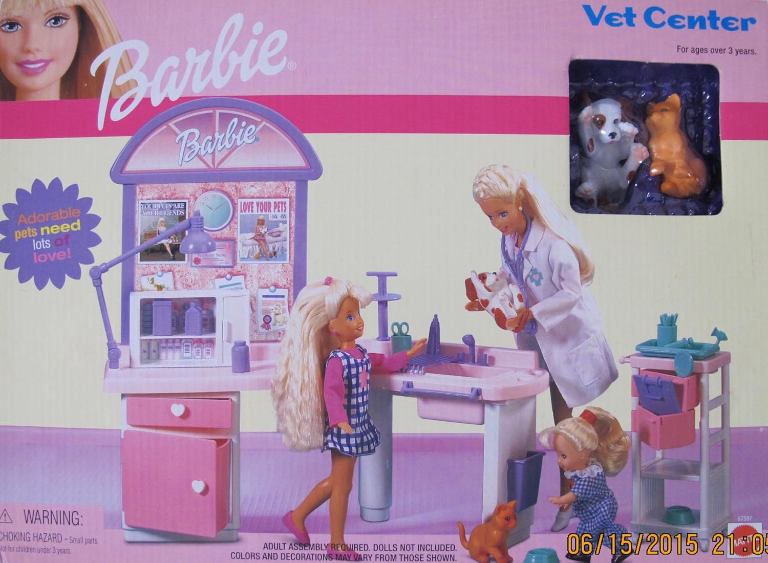 BARBIE VET CENTER Playset w PETS (Cat & Dog), EXAMINATION TABLE, CART w