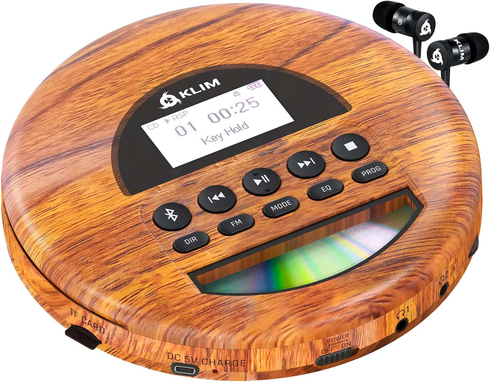 Nomad Wood - NEW - Portable CD Player - Long-Lasting Battery - Includes Headphones- Compatible MP3 CD Player- TF Card Radio FM Bluetooth - Ideal for Cars