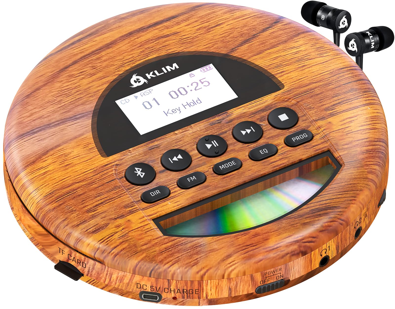 KLIM Nomad Wood - NEW - Portable CD Player - Long-Lasting Battery - Includes Headphones- Compatible MP3 CD Player- TF Card Radio FM Bluetooth - Ideal for Cars