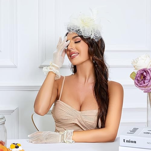 Miniatura 3 de Sombrero Fascinators con clip, sombrero de boda, cóctel, fiesta de té y guantes cortos de encaje con moño para mujeres de Harimea