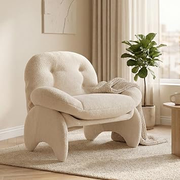 Modern Accent Chair, White Lambswool Mid Century Lounge Armchair with Button Tufted Back, Comfy Luxury Crab Chair with Upholstered Seat for Bedroom, Apartment, Studio, Office White, 1PC