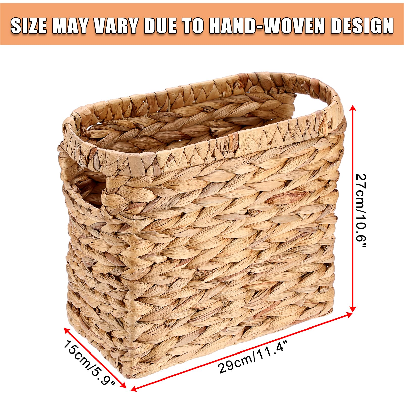 BSTKEY Panier de rangement étroit en jacinthe d'eau naturelle, porte-revues, organiseur de journaux, magazines, documents avec poignées pour la maison et le bureau