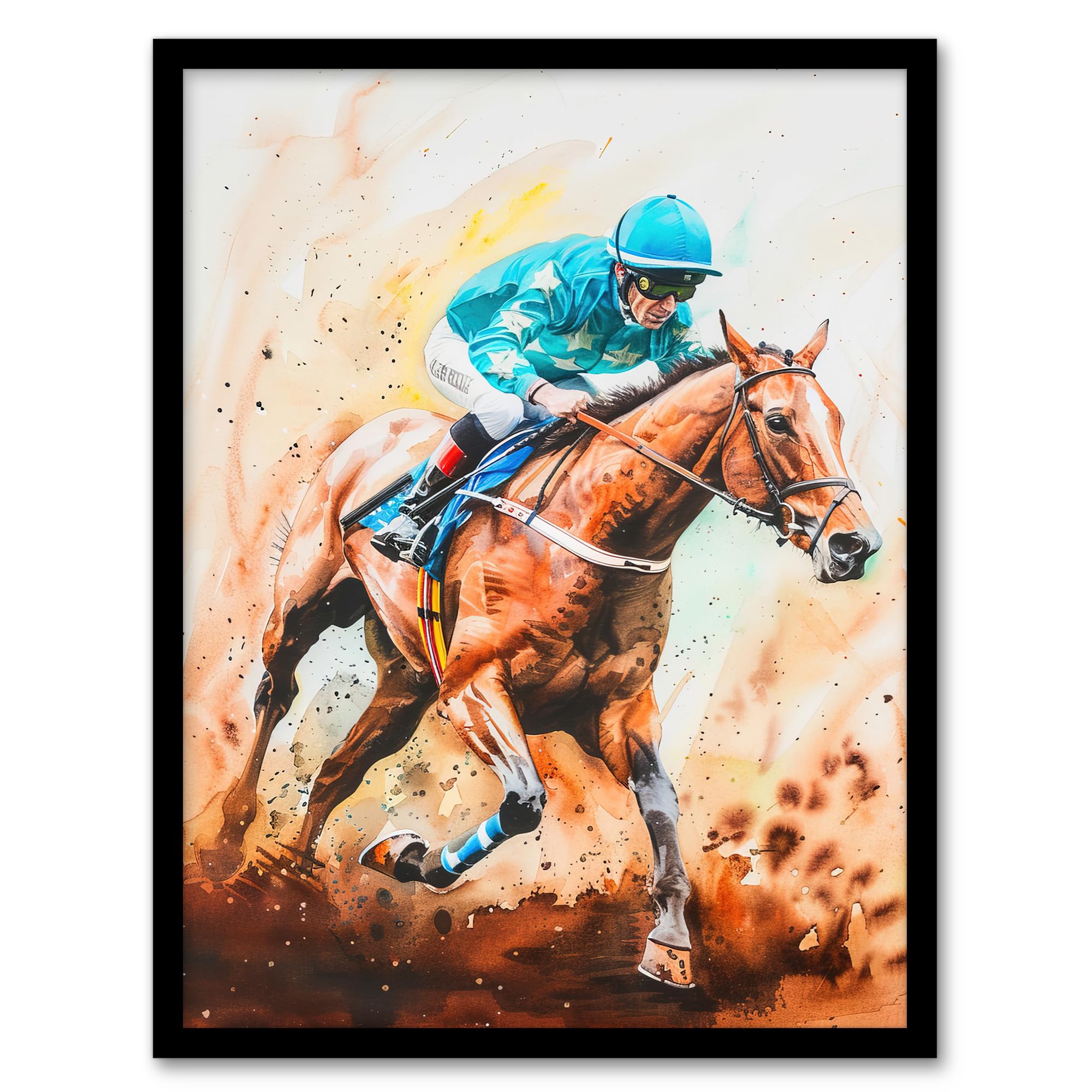Artery8 Rider on Horse Racing Watercolour Dramatic Mud Living Room Artwork Framed Wall Art Print A4