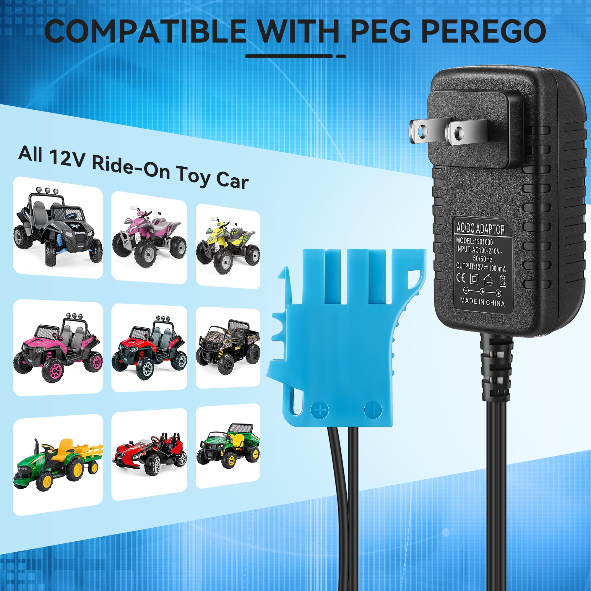 Dunkive 12V Charger Compatible with Peg Perego 12 Volt Battery Charger Replacement, 12V Battery Charger with LED Charging Indicator, Easy to Operate for Ride On Toys