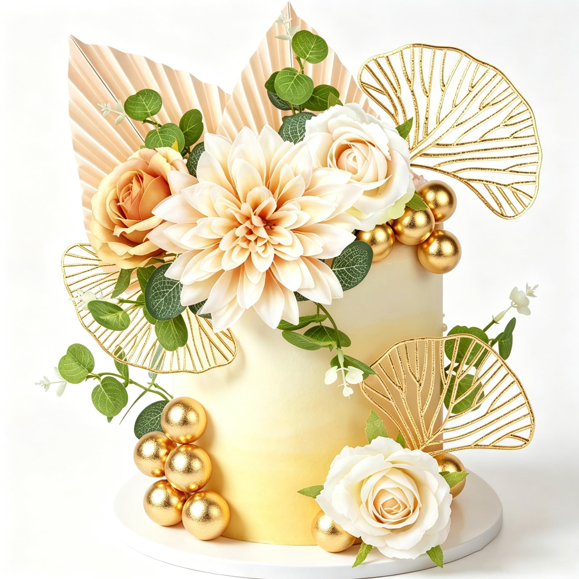 Xsstarmi Boho Flower Cake Decorations with Foam Ball Gold Ginkgo Leaves Beige Dahlia Rose Floral Cake Decor for Baby Shower Wedding Bridal Shower Birthday Party Cake Decorations