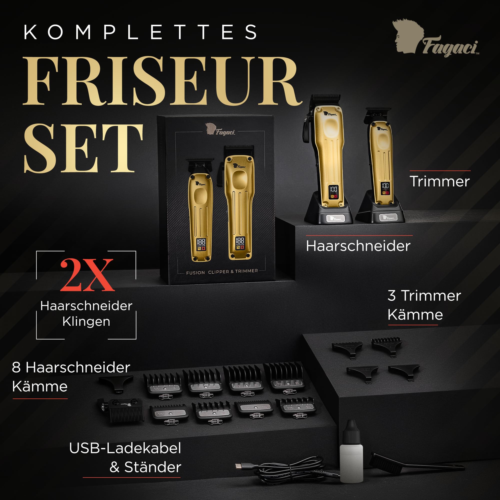 Fagaci Haarschneidemaschine und Trimmer, Fade und Taper Wechselklingen | Klingen einfach wechselbar, drücken und einklicken, Präzise Linien und Fades, Kühler Schnitt ohne Überhitzung